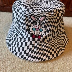 Black and White Alice in Wonderland Checkered Bucket Hat with Embroidered Design